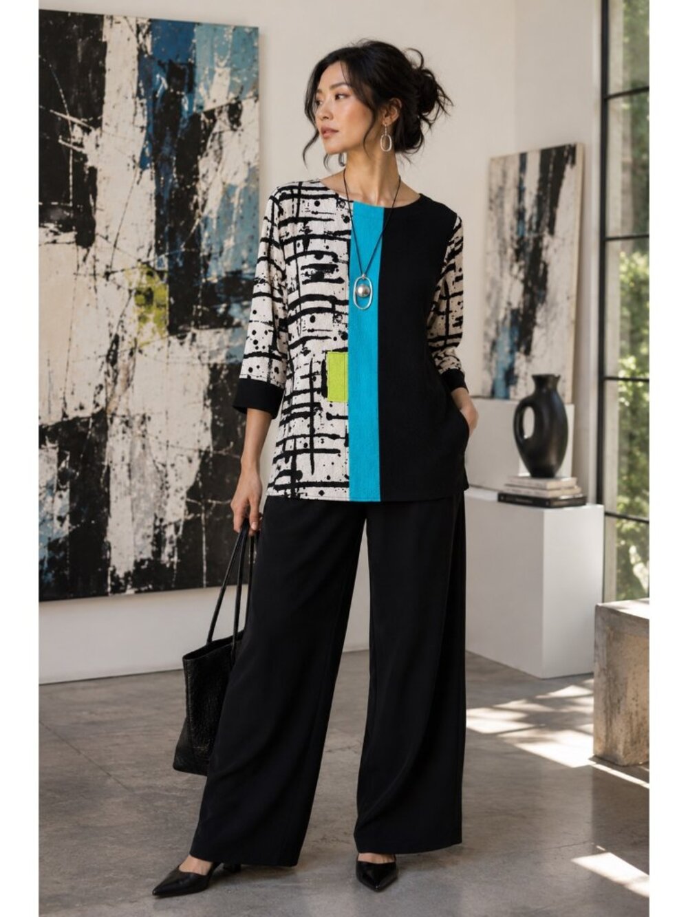 Ali Miles Women’s Small Abstract Colorblock Top Black Blue 3/4 Sleeve Textured T